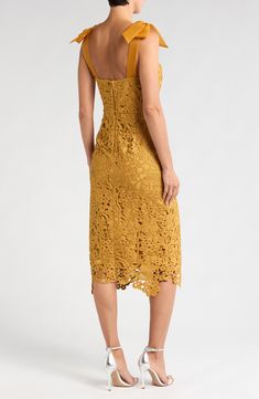 Sweeten your evening-out vibe in this square-neck midi crafted with lacy cutouts. 38" to 42" length (size Medium) Hidden back-zip closure Square neck Sleeveless Partially lined 100% polyester Dry clean Imported Mustard Dress, Kay Unger Dresses, Kay Unger, Mustard Dressing, Yellow Mustard, Lace Midi, Lace Midi Dress, Fabric Gifts, Free Fabric