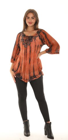 "Add a bohemian feel to your casual ensembles by wearing this tie-dye embroidered tunic top featuring floral embroidery adorned with rhinestones, a flattering scoop neck, decorated with lace, three-quarter sleeves, and a curved hem. Features: * Tie-Dye * Embroidery on neck * Lace accents neck, cuff, and the hem * Scoop neck decorated with lace * Three Quarter sleeves * Unlined * A-line silhouette * Pullover Style * Size L: 32\" long from high point of shoulder to hem This tunic top features a be Plus Size Boho, Fitted Tunic, Boho Tunic Tops, Embroidered Tunic Top, Casual Tunics, Fall Wear, Top Plus Size, Boho Tunics, Embroidered Tunic