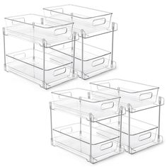 three clear plastic drawers are stacked on top of each other