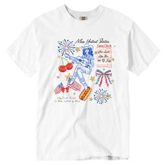 Get ready to celebrate in style with our 4th of July charms inspired cowgirl t-shirt! Made with 100% cotton from Comfort Colors, it's not only trendy but so comfortable. Featuring a playful tagline "You look like the fourth of July" and a coquette preppy bow design, this shirt is perfect for summer and all year around for showing off your patriotic pride. Don't forget to size up for an oversized look. Fabric: 100% Cotton Design: Heat applied direct to film ink Color: White Colors will vary from The Fourth Of July, White Colors, Bow Design, Ink Color, Fourth Of July, Get Ready, Comfort Colors, 4th Of July, Don't Forget