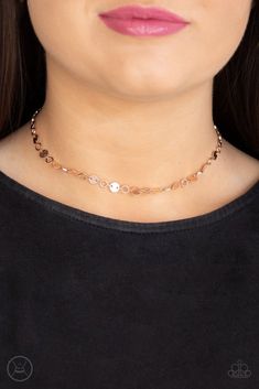 Dainty rose gold discs link around the neck for a casual look. Features an adjustable clasp closure. p2ch-gdxx-032xx Rose Gold Choker Necklace, Rose Gold Choker, Dainty Rose, Bling Necklace, Necklace Clasps, Gold Choker Necklace, Sell Gold, Paparazzi Accessories, Gold Choker