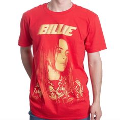 a young man wearing a red shirt with the word blive on it's chest