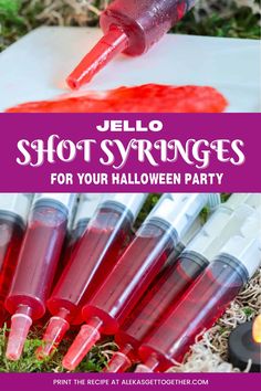 jello shot strings for halloween party with text overlay