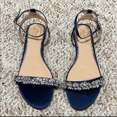 New Never Worn Blue Sandals For Summer Prom, Blue Sandals For Prom In Summer, Glamorous Blue Sandals For Wedding, Blue Open Toe Sandals For Prom, Blue Open Toe Sandals For Gala, Blue Flat Heel Sandals For Formal Occasions, Elegant Blue Flat Heel Sandals, Blue Formal Sandals With Flat Heel, Blue Embellished Sandals For Spring