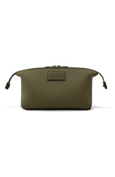 an olive green cosmetic bag on a white background, with the zipper open to show it's contents