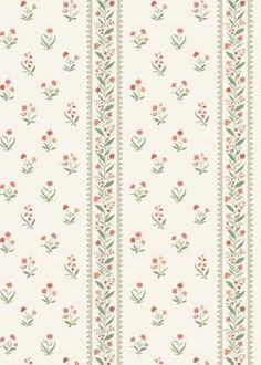 a white wallpaper with red flowers and green leaves on the side, along with vertical stripes