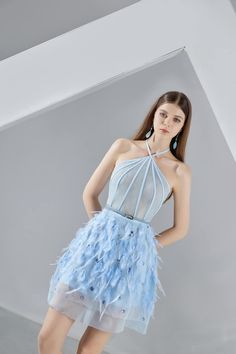 Women's Briana A-line Halter Neck Organza Mini Dress S/M/L/XL Blue MEAN BLVD Blue Feathered Evening Dress, Blue Feather Evening Dress, Elegant Blue Feathered Dress, Elegant Blue Dress With Feathers, Sleeveless Feather Evening Dress For Party, Sleeveless Feathered Evening Dress For Party, Fitted Sleeveless Evening Dress With Feathers, Elegant Blue Dress With Feather Trim, Elegant Gala Mini Dress With Feathers