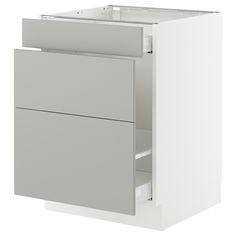 a white cabinet with two drawers on the bottom and an open drawer underneath it, in front of a white background