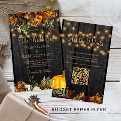 two wedding cards with lights and fall leaves