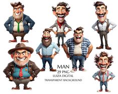 six cartoon men with different facial expressions