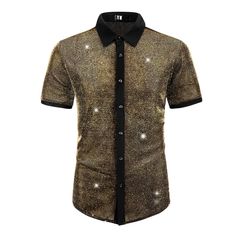 This stylish short-sleeved button-down shirt features a sheer mesh design with a shiny pattern that exudes charm and fashion. The see-through quality adds a touch of charm, making it a perfect choice for various occasions such as weddings, clubbing, or late-night outings. Pair this unique shirt with sleek leather pants to elevate your look. Unlike ordinary shirts, the contrasting color design of this shiny shirt adds a fashionable twist to your ensemble. Get this trend of metallic shirts as they Holographic Shirt, Glitter Shirt, Sleeve Packaging, Charm Making, Unique Shirt, Mesh Design, Late Night, Men Short Sleeve, Contrasting Colors