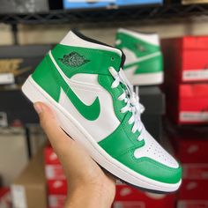 Jordan 1 Mid ‘Lucky Green’ All Shoes Are Brand New. 100% Authentic & Ready To Ship Multiple Sizes Available For Purchase 10m, 11m, 12m Message Me For Additional Questions, Otherwise Happy Shopping. @606xkicks On Most Platforms Shoes Jordan 1, Air Jordan Retro 4, Jordan Mid, Retro Gym, Jordan 4 Black, Custom Jordans, Jordan Retro 4, Jordan Ones, Jordan 9 Retro