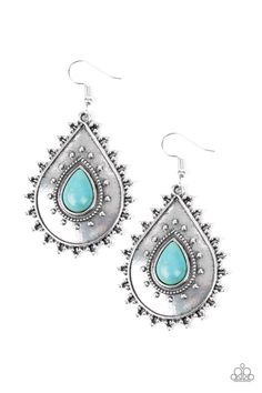 Chiseled into a tranquil teardrop, a refreshing turquoise stone is pressed into the center of an antiqued silver teardrop dotted in shimmery silver studs for a seasonal look. Earring attaches to a standard fishhook fitting. Sold as one pair of earrings. Cowgirl Aesthetic, Paparazzi Accessories, Paparazzi Jewelry, Earrings Collection, Blue Earrings, Turquoise Earrings, Silver Earrings Studs, Turquoise Stone, Silver Studs