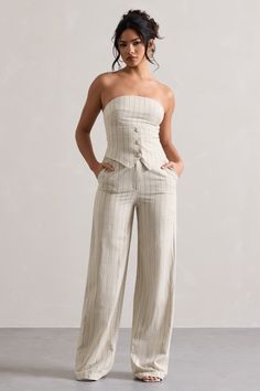 Missed Out | Beige Pinstripe Wide-Leg Trousers Beige Wide Leg Pants Formal, Luxury Wide Leg Pants For Spring Daywear, Luxury High Rise Wide Leg Pants For Spring, Tops And Pant Set, Luxury Formal Bottoms With Standard Cut Leg, Luxury Silk Bottoms For Night Out, Prom Pant Dress, Trouser Pants Heels, High Waisted Flowy Dress Pants