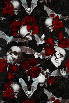 skulls and red roses on black paper with bats in the background for halloween wallpaper