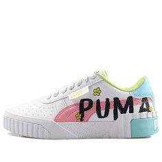 (Kids) PUMA Cali Novelty 'Flower' 374283-01 (SNKR/Skate/Light/Low Top/Women's) Sporty Lace-up Skate Shoes With Letter Print, Spring Lace-up Sneakers With Letter Print, Casual Skate Shoes With Letter Print For Sports, White Sneakers With Letter Print For Spring, Casual Skate Shoes With Letter Print For Streetwear, Spring Low-top Sneakers With Letter Print, Sports Graphic Print Low-top Skate Shoes, Low-top Graphic Print Skate Shoes For Sports, Sporty Skate Shoes With Letter Print And Round Toe