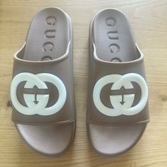 Tan Rubber Gucci Slides Gucci Slides, Ar Accessories, Jelly Shoes, Walker Boots, Key Card Holder, Sneaker Shopping, Boot Sandals, Rain And Snow Boots, Stationery Supplies