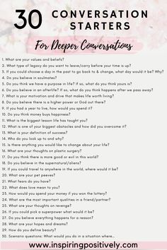 30 conversation starters to help you start building deep meaningful connections with others! #deepconversations #conversationstarters Text Conversation Starters, Deep Conversation Topics, Conversation Starter Questions, Deep Conversation Starters, Questions To Get To Know Someone, Conversation Starters For Couples, Deep Conversation, Topics To Talk About, Conversation Questions