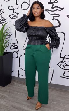 Hunter Green Trouser Pants – Shop Blu Icon Green Pants Black Top, Green Slacks Outfit, Emerald Green Outfit Ideas, Dickies Pants Outfits Women, Silk Pants Outfit, Emerald Green Outfit, Green Slacks, Colored Pants Outfits, Slacks Outfit