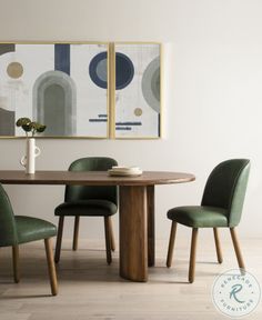 a dining room table with green chairs and artwork on the wall behind it, in front of two paintings