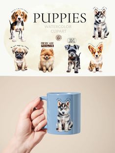 a person holding up a coffee mug with puppies on it's front and back sides