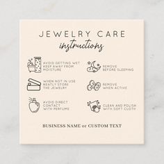 a business card with the words jewelry care instructions on it and icons in black ink