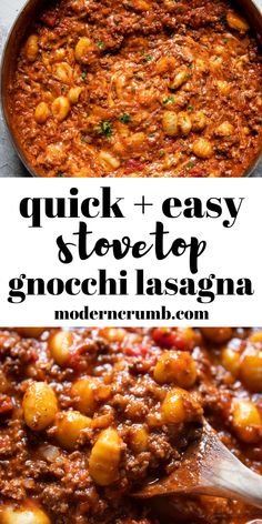 the recipe for quick and easy stovetop gnocchi lasagna is shown