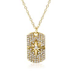 Ross-Simons - .40ct t. w. Diamond North Star Dog Tag Pendant Necklace Over Sterling. 18". Perfect solo or styled into a layered look, this glam dog tag pendant necklace shimmers with .40 ct. t. w. diamond rounds and features a gleaming North Star design at the very center. Finely crafted in polished 18kt yellow gold over sterling silver and suspended from a cable chain. Lobster clasp, diamond North Star dog tag pendant necklace. Diamond birthstones are the perfect gift for April birthdays. North Star Design, Pendant Necklace Diamond, Dog Tag Pendant, Diamond Birthstone, Compass Necklace, Diamond Jewelry Necklace, Necklace Diamond, Fine Jewelery, Star Design