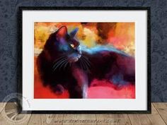 a painting of a black cat with yellow eyes