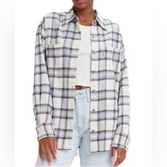 Levi’s Silver Tab Women’s Button Down Plaid Flannel Oversized Shirt Sz M And L Nwt Levi Silver Tab Button Down In Purple/Lilac Black And White. Perfect To Wear Over A Tank Or On Its Own. Style Unique Look Layering With Levi's Womens Shirt. Oversized Fit. Spread Collar. Long Sleeves With Buttoned Cuffs. Full Front Button Closure. Two Flap Chest Pockets. Straight Hemline. Allover Checkered Design. 100% Cotton. Machine Wash, Tumble Dry Please Note This Is A Oversized Shirt Measurements Approx Layin White Casual Shacket For Work, Casual White Shacket For Work, Casual White Shacket With Button Closure, White Collared Shacket With Relaxed Fit, Casual White Shacket With Buttons, White Collared Shacket For Everyday, Trendy Oversized Button-up Flannel Shirt, White Cotton Button-up Shacket, Trendy Everyday Flannel Shirt With Button Closure