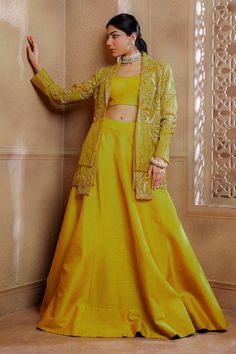 Lime yellow jacket with cutdana, zari, pearl embroidery in flower pattern. Paired with solid padded blouse and attached cancan lehenga. - Aza Fashions Flower Lehenga, Jacket Lehenga, Cancan Lehenga, Organza Jacket, Lehenga Pattern, Organza Embroidery, Pearl Embroidery, Lime Yellow, Padded Blouse