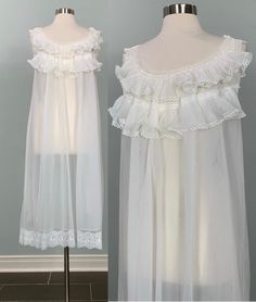 B E S T  F I T S  Suggested Size: Up to Size 8/10  Please check measurements below to ensure the best possible fit.    D  E  S  C  R I  P  T  I  O  N    *Solid white chiffon nightgown  *Accordion ruffle pleat at neckline  *Two layers of accordion pleats at front, one at back  *Decorative white bows at shoulders  *Scoop neckline  *Sleeveless  *Full construction  *Double chiffon  *There is stretch to the fabric   *Mid-calf length  *White floral lace at hemline  *Loose fit  *Estimated era: 1950s - 1960s    D  E  T  A  I  L  S    * Fabric: No label - Nylon  * Care: No label - item has been machine washed  * Marked Size: No label  * Maker's Label: Cabri     M  E  A  S  U  R  E  M  E  N  T  S    (Measurements are taken flat across the front, then doubled when appropriate.)  *Underarm to underarm Vintage White Night Dress, Vintage White Nightgown For Wedding Night, Vintage White Wedding Sleepwear, Vintage Sheer Sleepwear For Night, Vintage Sheer Nightgown For Wedding Night, Vintage Sheer Nightgown For Summer, Summer Wedding Nightgown With Ruffles, White Sheer Bedtime Dresses, Vintage Sheer Dresses For Bedtime