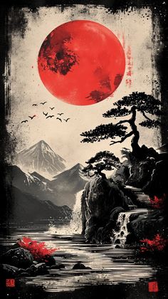 a red moon over a mountain with trees in the foreground and birds flying above it