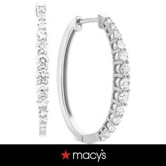 in stock Classic Diamond White Hoop Huggie Earrings, Diamond Halo Hoop Earrings, Wedding Platinum Hoop Diamond Earrings, White Platinum Round Hoop Earrings, White Platinum Hoop Earrings, Timeless Hoop Jewelry In Cubic Zirconia, Classic Diamond White Hoop Earrings, Macy's Jewelry With Halo Design For Gifts, Timeless Cubic Zirconia Hoop Jewelry