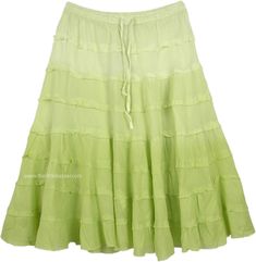 Apple Green Ombre Summer Knee Length Skirt with Tiers | Short-Skirts | Green | Junior-Petite, Misses, Tiered-Skirt, Vacation, Beach, Solid Spring Green Cotton Skirt, Green Cotton Skirt For Spring, Green Knee-length Cotton Skirt, Green Long Skirt For Summer, Green Cotton Knee-length Skirt, Green Casual Cotton Skirt, Green Knee-length Lined Skirt, Green Cotton Tiered Skirt, Green Flowy Skirt For Summer