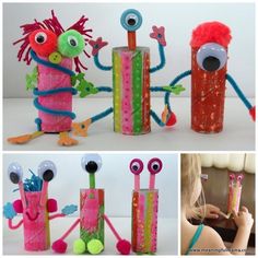 three different pictures of children's crafts made out of toilet paper and plastic tubes