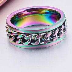 New For Men Or Women 8mm Stainless Steel Spinner Ring Size 7 To 13 Available. Other Color Choices Are Available Rainbow Ring, Rainbow Rings, Fidget Rings, Spinner Ring, Mens Accessories Jewelry, Spinner Rings, Fidget Spinner, Color Choices, Blue Purple