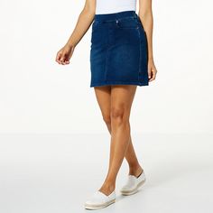 DG2 by Diane Gilman Super Stretch Knit Denim Skort  This is not your old (hmm ... frumpy) 90's skort. An updated wardrobe essential, style this flatteringly fitted skort with a bodysuit, blazer, and heels for a sophisticated and stylish dinner date outfit, or wear it with a graphic tee, denim jacket, and sneakers for a more casual weekend look. Casual Denim Blue Skort, Casual High Rise Stretch Denim Skirt, Casual Stretch Denim Skirt In Denim Blue, Casual Medium Wash Short Denim Skirt, Casual Stretch Denim Skirt, Stretch Medium Wash Denim Skirt, Stretch Denim Skirt In Medium Wash, Casual Fitted Denim Blue Jean Shorts, Casual Stretch Denim Skirt In Medium Wash