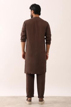 Brown asymmetric panelled kurta with button down double placket detail. Paired with a flat front trouser. - Aza Fashions Casual Kurta For Workwear And Eid, Casual Workwear Kurta For Eid, Kurta Patterns, Aza Fashion, Types Of Sleeves, The 100, Trousers, For Men, Fashion Design