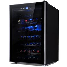 a wine cooler with many bottles in it and lights on the front, side by side