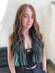 Long brunette haircolor with blue peekaboo highlights Light Brown Hair With Teal Highlights, Brunette Peekaboo Color, Highlights Blue Hair, Teal Peekaboo Highlights, Teal Peekaboo Hair, Highlights Dyed Hair, Blue Peekaboo Highlights, Burnette Hair, Blue Peekaboo