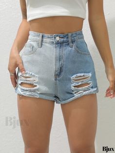 Bjux - Womens High Waisted Denim Shorts with Colorblock Design and Distressed Details, Featuring Slash Pockets - Stylish Denim Jeans and Fashionable Clothing High Rise Patchwork Jeans For Summer, High Rise Patchwork Bottoms For Summer, Trendy Ripped Faded Bottoms, Trendy Faded Ripped Bottoms, Patchwork Cutoff Bottoms For Summer, Trendy Patchwork Shorts For Summer, High Waist Color Block Bottoms For Summer, Summer Patchwork Cutoff Bottoms, Trendy Summer Shorts With Patchwork