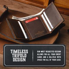 Timeless Trifold Wallet Design! The feel and smell of 100% Full Grain Leather is one of the great wonders of the world. It takes you back. That is why each piece of leather is hand selected and sewn to offer our beautiful and unique men's wallets. The Trifold design allows for an ample amount of storage for all your credit cards and a billfold with space for all of your cash. The Tri-Fold Style You Covet! Our Main Street Forge fans asked for a Tri fold Wallet so we designed this with old world c