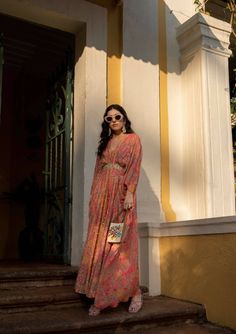 Our easy breezy festive wear kaftan expresses the classic romantic vibe, crafted using multiple prints which is digitally printed on pure georgette. The kaftan is accented with beautiful blooming floral and multi color stripes with dainty printed motifs. It is sprinkled using zari, floral sequins and mirror. It is has attached patch with is heavy embroidered. Kaftan Set, Festive Wear, Easy Breezy, Custom Tailoring, Color Stripes, Festival Wear, Asian Fashion, Cherry Blossom, Custom Sizing