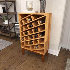 a wooden shelf with many bottles on it in a living room next to a rug