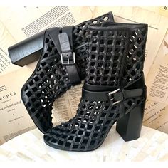 Free People Jeffrey Campbell Loom Cage Knot Block Heel Ankle Boot Black Leather With A Knotted Leather Laser Cut Open Fabrication * See Through With A Towering Block Heel Double Ankle Strap & Buckle New Without Box * Size: 39 / 9 Retail Price: $300.00 4" Heel * 6.5" Shaft *These Boots Were A Free People Sample And As Of Now Has Not Put Into Production These Boots Were Made With A Stiletto Heel Wardrobe List, Block Heel Ankle Boots, My Dream Wardrobe, Jeffrey Campbell Shoes, Black Leather Boots, Jeffrey Campbell, Black Ankle Boots, Stiletto Heel, Shoes Heels Boots