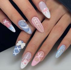 #Nails Balletcore Coquette, Pink Blue Nails, Bow Nail Art, Lace Nails, Cute Gel Nails