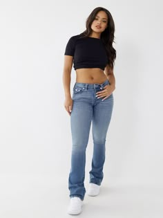 BECCA BOOTCUT JEAN Soccer Wife Outfit, Outfits With Bootcut Jeans, Jean Sweatpants, Bootcut Outfit, True Religion Jeans Outfit, Mid Rise Jeans Outfit, Boot Cut Jeans Outfit, True Religion Outfits, True Religion Jeans Women