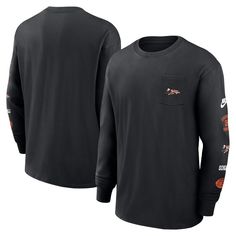 Finish any Cincinnati Bengals fan look with this Rewind Heavy Max 90 T-shirt from Nike. It features a team logo over the front chest pocket and throwback graphics down the left sleeve. Step out in Cincinnati Bengals style with this timeless tee. Nfl Carolina Panthers, Football Gear, New Orleans Saints, Cincinnati Bengals, Carolina Panthers, Ribbed Neckline, Pittsburgh Steelers, Team Spirit, Black Long Sleeve