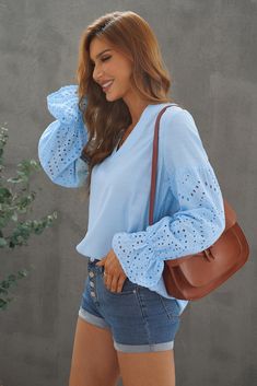 Sky Blue Eyelet Sleeve V Neck Blouse Sky Blue Top Outfit, Blue Top Outfit, Ladylike Style, V Neck Top, Fashion Top, V Neck Blouse, Blue Top, White Blouse, Club Dresses